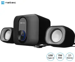 Računalniški zvočniki NATEC PUG 2.1 STEREO, 11W RMS, Plug&Play, USB-A, 3.5mm minijack, nadzor glasnosti, LED osvetlitev, barva: črna