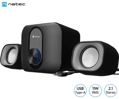 Računalniški zvočniki NATEC PUG 2.1 STEREO, 11W RMS, Plug&Play, USB-A, 3.5mm minijack, nadzor glasnosti, LED osvetlitev, barva: črna