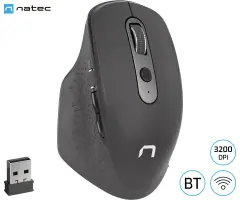 Brezžična miška NATEC FALCON, 3200dpi, ergonomska, BT/USB 2.4GHz, 6 gumbov, tiha stikala, polnilna baterija, stranski drsnik, barva: črna