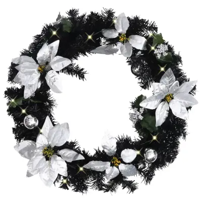 vidaXL Božični venec z LED lučkami črn 60 cm PVC