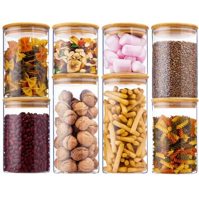 Komplet 8 kozarcev Deco Haus za večkratno uporabo z bambusovim pokrovom – nepredušni, za pomivalni stroj in mikrovalovno pečico – za piškote, testenin