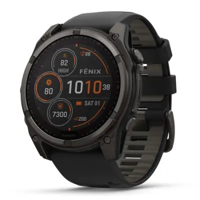 Fenix 8, 51 mm, Solar Sapphire, Carbon Gray DLC Titanium, Black/Pebble Gray