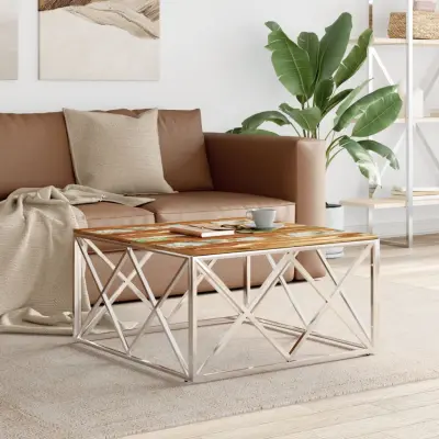 The Living Store Klubska mizica srebrna nerjaveče jeklo in trden predelan les - Klubska Mizica