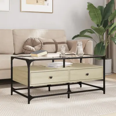The Living Store Klubska mizica s steklom sonoma hrast 98,5x50x45 cm jeklo - Klubska Mizica