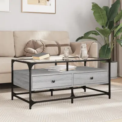 The Living Store Klubska mizica s steklom siva sonoma 98,5x50x45 cm jeklo - Klubska Mizica