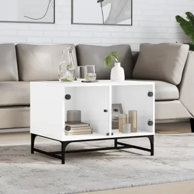 The Living Store Klubska mizica s steklenimi vrati bela 68,5x50x50 cm - Klubska Mizica