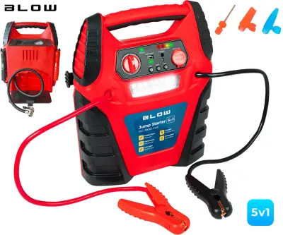 BLOW JS-5V1 zagonska baterija / jump starter s kompresorjem, 5V1, 20.000mAh, powerbank, LED svetilka, kontrolna plošča, USB-A, DC 12V, 300PSI / 20BAR