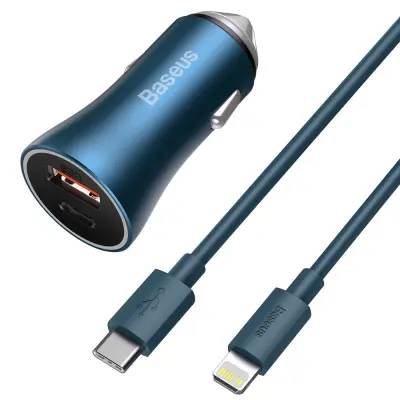 Hitri 40 W PD QC USB-C / USB avtopolnilec + modri kabel za iPhone
