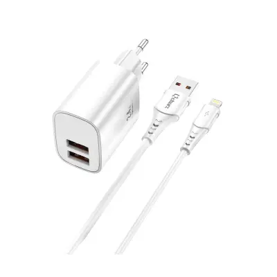 Polnilnik Qcharx Apolo 2.4A 12W, 2 vhoda USB + kabel USB v Lightning, bel