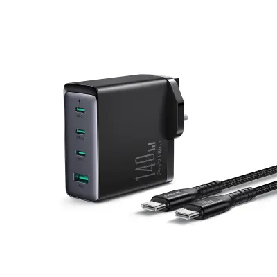 GaN omrežni polnilec 140 W UK vtič 3x USB-C USB-A + USB-C kabel 1,2 m