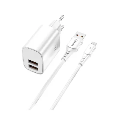Polnilnik Qcharx Apolo 2,4 A 12 W, 2 vhoda USB + kabel USB na mikro USB, bel