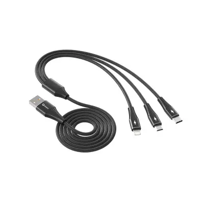 Qcharx Napoli USB v Lightning + Type C + Micro 3A kabel (1,2 m) črn mehak kabel iz aluminijeve zlitine