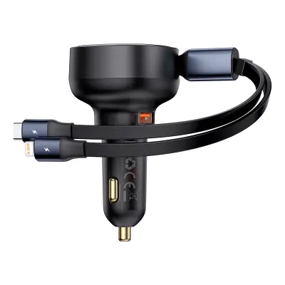 Avtopolnilec z USB-A in izvlečnim USB-C kablom za iPhone 60W, črn