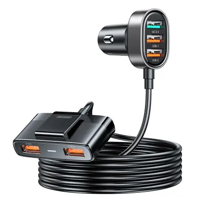 Hitri avtopolnilec za 5x USB-A s podaljškom 45W, črn