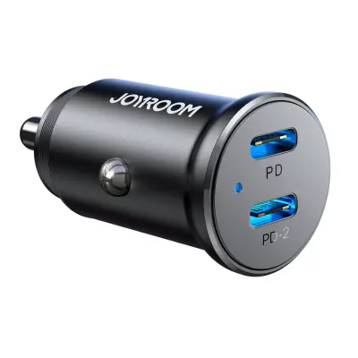 Mini avto polnilec za vtičnico vžigalnika 30W 2x USB-C, kovinski, črn
