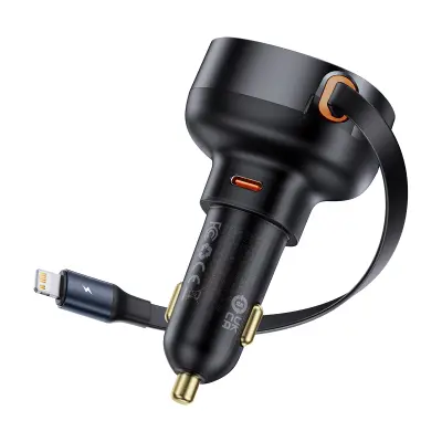 Avtopolnilec z izvlečnim kablom za iPhone Lightning USB-C 60W, črn