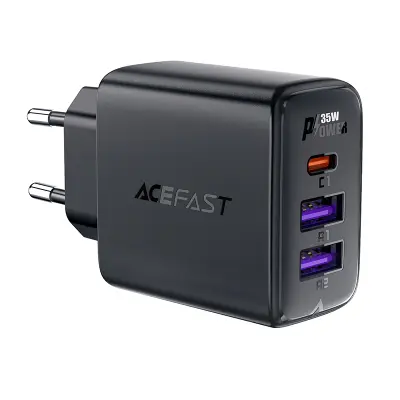 PD 35W GaN stenski polnilnik s 3 vhodi 2x USB-A + USB-C črn