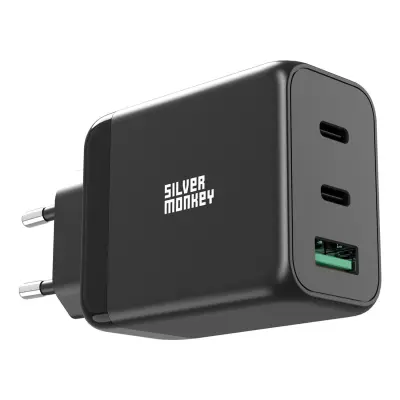 GaN 65W stenski polnilec 2x USB-C PD 1x USB-A QC 3.0 črn
