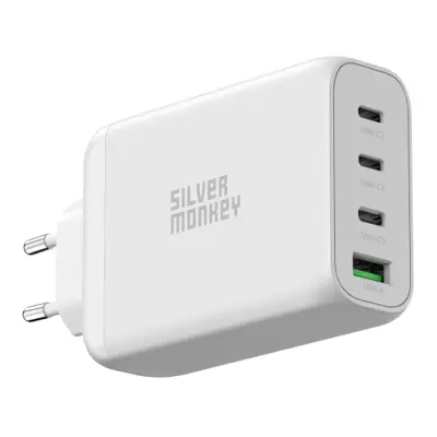 GaN 130W stenski polnilec 3x USB-C PD 1x USB-A 3.0 QC bel