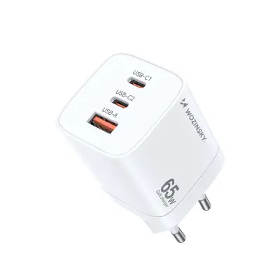 GaN 65W 100-240V USB-A 2x USB-C stenski polnilec bel