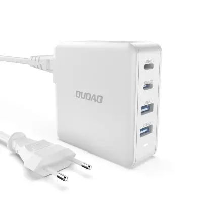 Hiter in zmogljiv GaN mrežni polnilec 2x USB-C 2x USB 100W bel