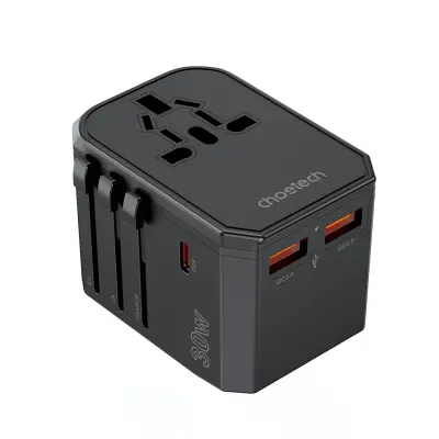 Univerzalni potovalni polnilnik USB-C 2x USB-A PD 30 W ZDA EU UK AU vtiči Črna