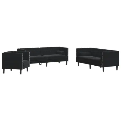 vidaXL Komplet Chesterfield kavčev z vzglavniki 3-delna črn žamet
