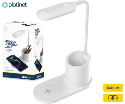 PLATINET PDL1930 namizna LED svetilka, upogljiva, 530 lumnov, 3 načini svetenja, brezžični polnilec, vgrajeno stojalo, USB-C, 150cm kabel, IP20, bela