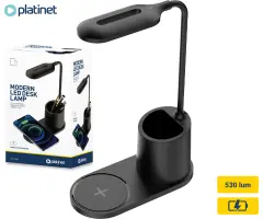 PLATINET PDL1930 namizna LED svetilka, upogljiva, 530 lumnov, 3 načini svetenja, brezžični polnilec, vgrajeno stojalo, USB-C, 150cm kabel, IP20, črna