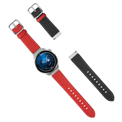 Pas za uro iz pravega usnja - 22 mm Black+Red  Srebrna zaponka