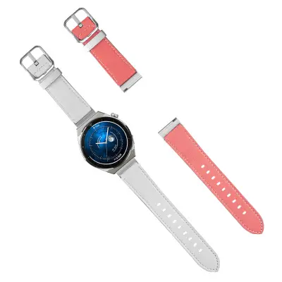 Pas za uro iz pravega usnja - 22 mm Pink + White  Srebrna zaponka
