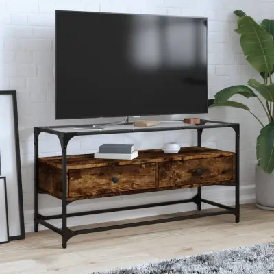 The Living Store TV omarica s stekleno ploščo dimljen hrast 98x35x51 cm inž. les - TV Omarica
