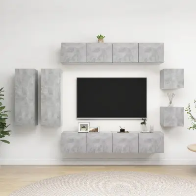 The Living Store Komplet TV omaric 8-delni betonsko siva iverna plošča - Komplet TV Omaric
