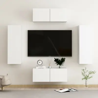 The Living Store Komplet TV omaric 4-delni bela iverna plošča - TV Omarica