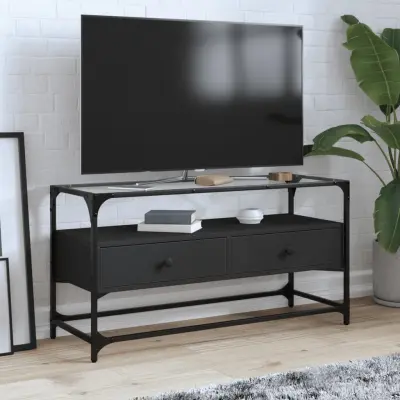 The Living Store TV omarica s stekleno ploščo črna 98x35x51 cm inženirski les - TV Omarica