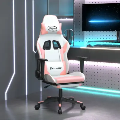 The Living Store Gaming stol z oporo za noge belo in roza umetno usnje - Gaming Stol