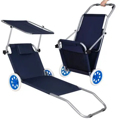 SPRINGOS vrtni ležalnik ležalnik na plaži s kolesi kapuca vzglavnik 51 x 146 cm mrežasto žepkasto naslonjalo nastavljivo v 5 položajev.