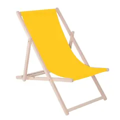 Zložljiv ležalnik za plažo, iz lesa z rumenim materialom.
