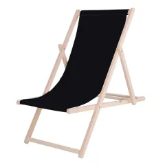 Zložljiv ležalnik za na plažo, izdelan iz lesa s črno tkanino.