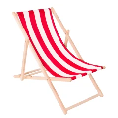 Zložljiv ležalnik za plažo, izdelan iz lesa z rdečim in belim materialom.