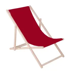 Zložljiv ležalnik za na plažo, izdelan iz lesa z bordo materialom.
