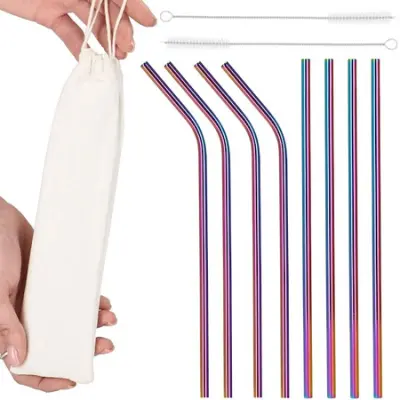 8 paketov kovinskih slamic za večkratno uporabo Rainbow z etuijem in ščetkami
