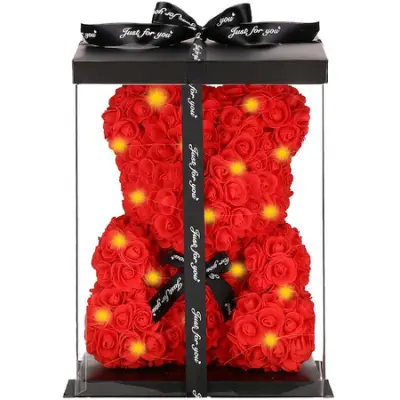 SPRINGOS Rose Bear v darilni škatli s pentljo Višina 36 cm 20 LED lučk Toplo bela