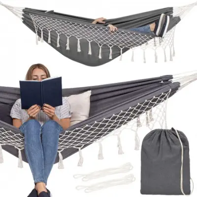 Dvosed hamac z nihajnimi trakovi za vrt, 200x150cm, nosilnost 200kg, krem ​​sive barve.