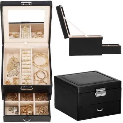 SPRINGOS Škatla za nakit z ogledalom, Škatla za nakit 16 x 16 x 11 cm Škatla za nakit za prstane, ogrlice, uhane, ki se zapirajo z ogledalom.