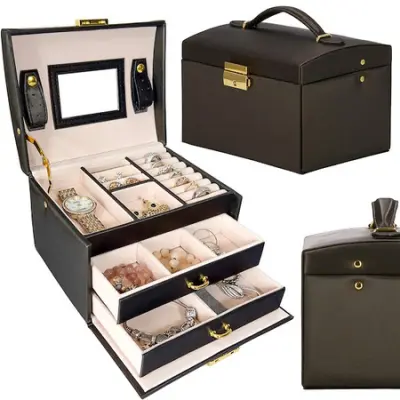 Szkatułka za nakit 17,5x14x12,5 cm, rjava škatla s predali in ogledalom.