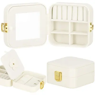 Škatla za nakit 10x10x5 cm, krem ​​etui s predelki iz eko usnja.