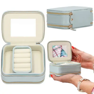 Szkatułka za nakit iz umetnega usnja dimenzij 11,5x8,5x5,5 cm, moder etui s prekati.
