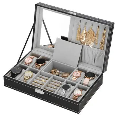 Škatla za uro 33x20x9 cm, črn in siv organizator s predali iz eko usnja.