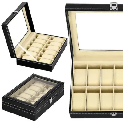 Škatla za uro 30x20x8 cm, črno krem ​​ohišje z 12 predelki iz sintetičnega usnja.